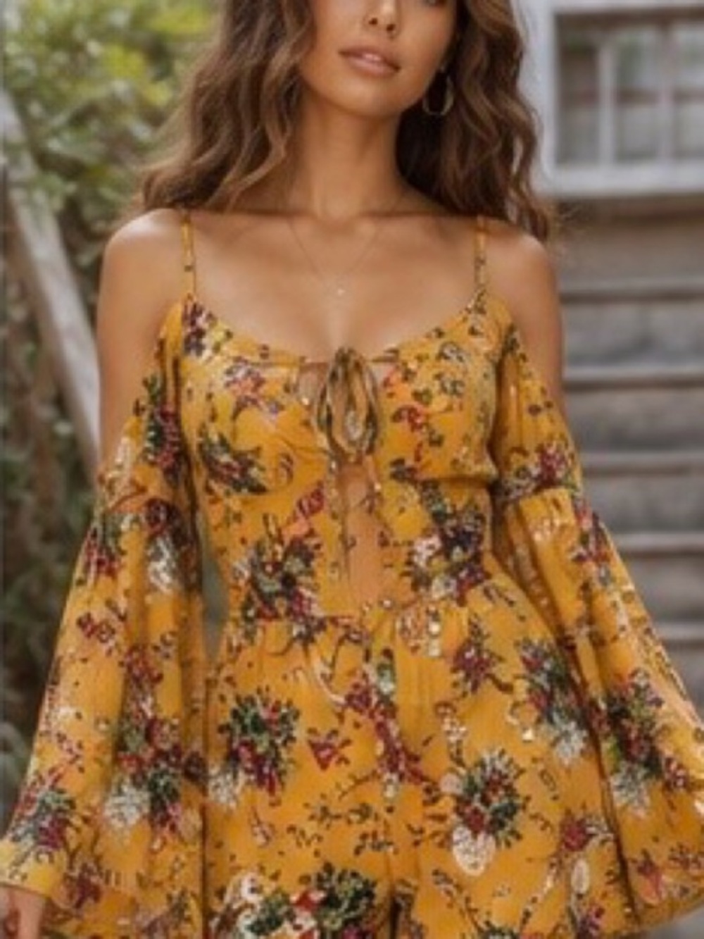 Yellow Floral Open Shoulder Flare Sleeve Jumper Romper (shorts and tye top)